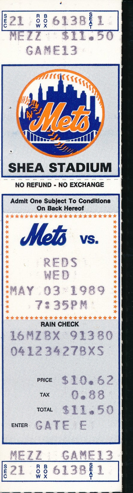 May 3, 1989 Full Ticket NY Mets vs. Cincinnati Reds Darryl Strawberry  HR 200907