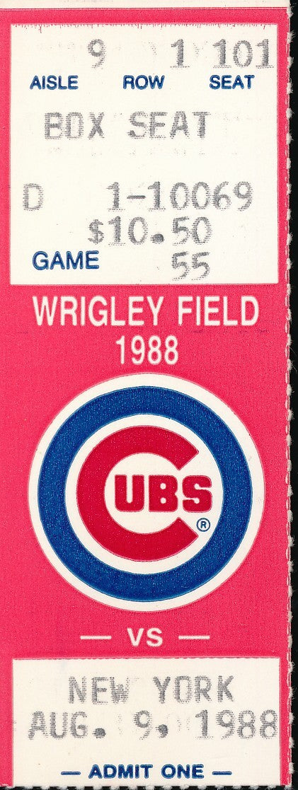 August 9, 1988 Ticket Stub Cubs vs. Mets 1st Night Game at Wrigley Field 200908