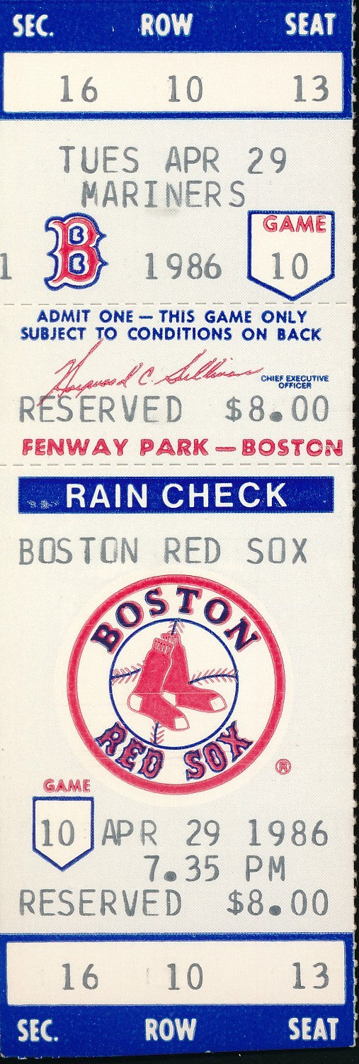 April 29, 1986 Ticket Stub Boston Red Sox Roger Clemens 20 Strikeouts 200909