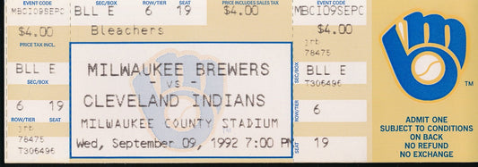 September 9, 1992 Full Ticket Braves vs. Indians Robin Yount 3000th Hit 200910