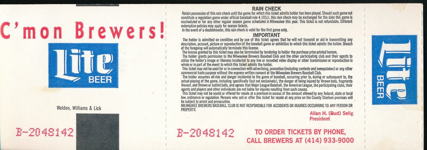September 9, 1992 Full Ticket Braves vs. Indians Robin Yount 3000th Hit 200910
