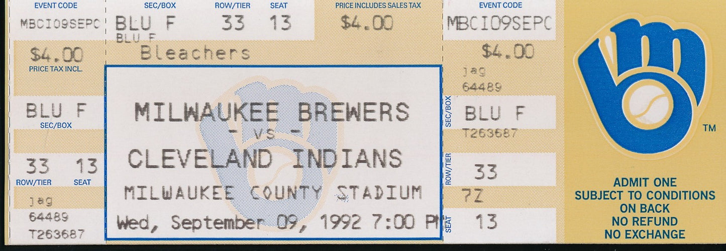 September 9, 1992 Full Ticket Braves vs. Indians Robin Yount 3000th Hit 200911