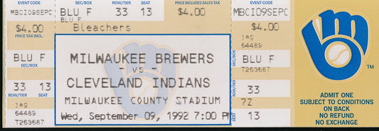 September 9, 1992 Full Ticket Braves vs. Indians Robin Yount 3000th Hit 200911
