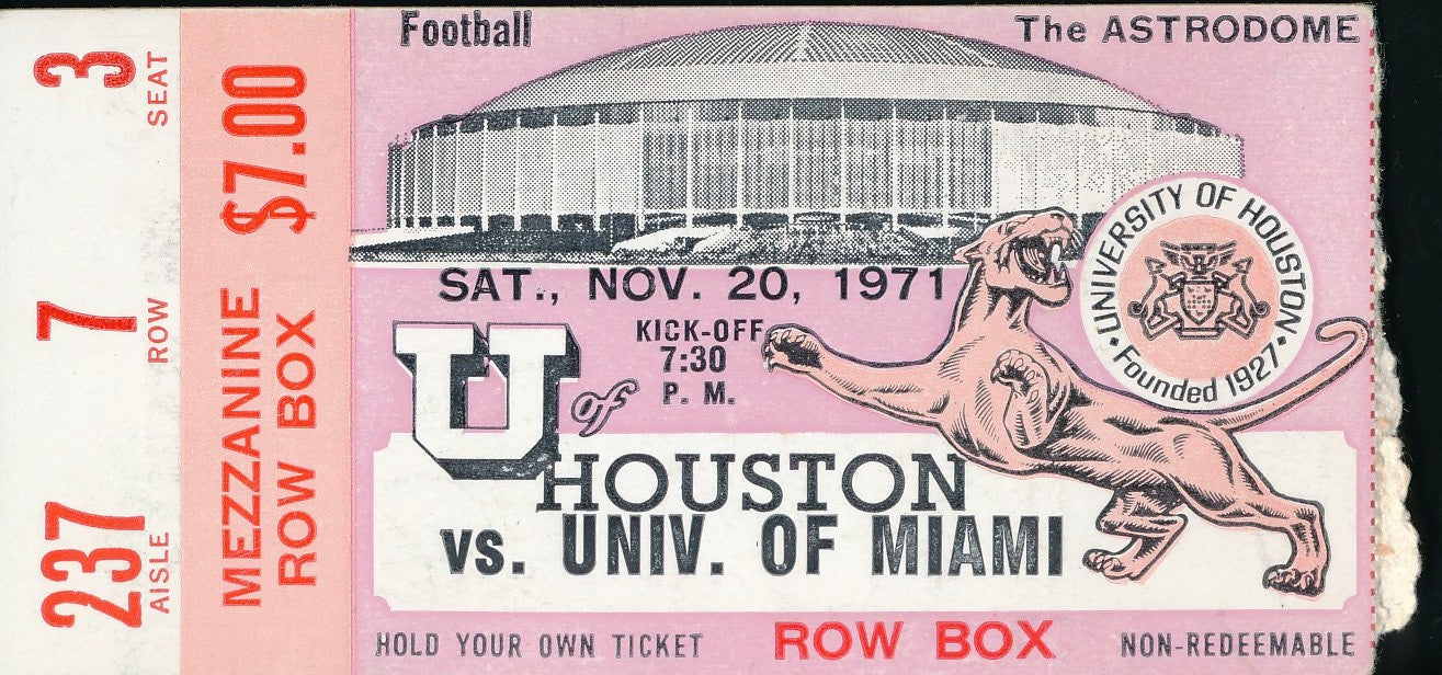 November 20, 1971 Ticket Stub Houston vs. Miami College Football Game 200913