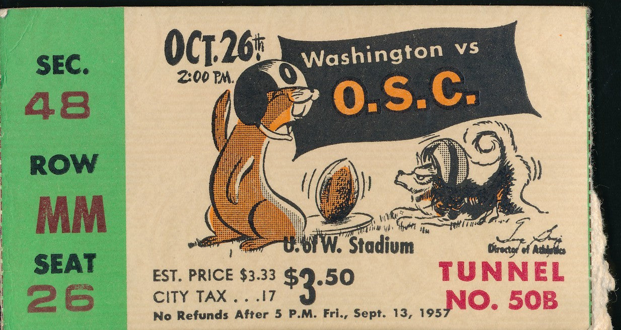 October 26, 1957 Ticket Stub Washington vs. O.S.C. College Football 200916