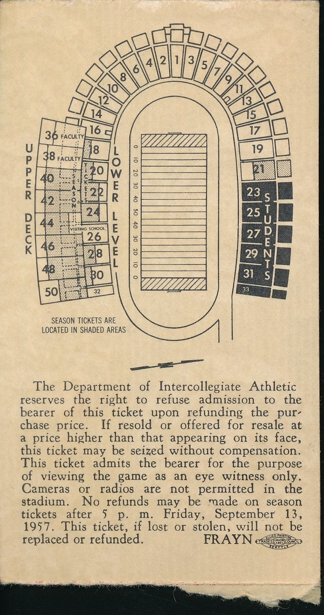 October 26, 1957 Ticket Stub Washington vs. O.S.C. College Football 200916