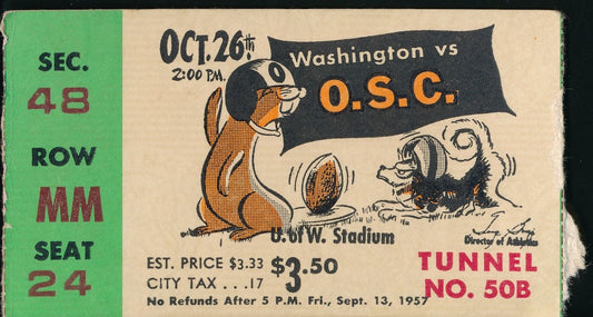 October 26, 1957 Ticket Stub Washington vs. O.S.C. College Football 200917