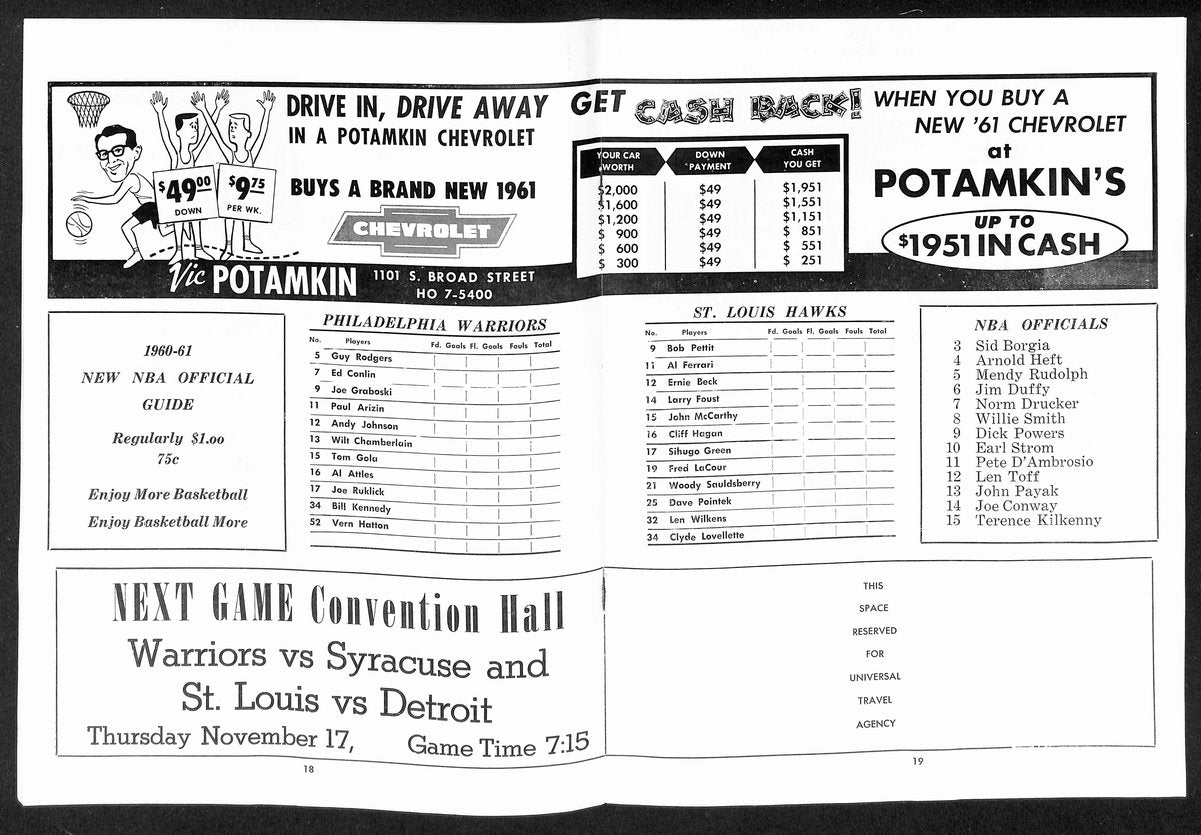 Nov 11, 1960 Phila. Warriors vs. St. Louis Hawks "The Wigwam" Program 199164