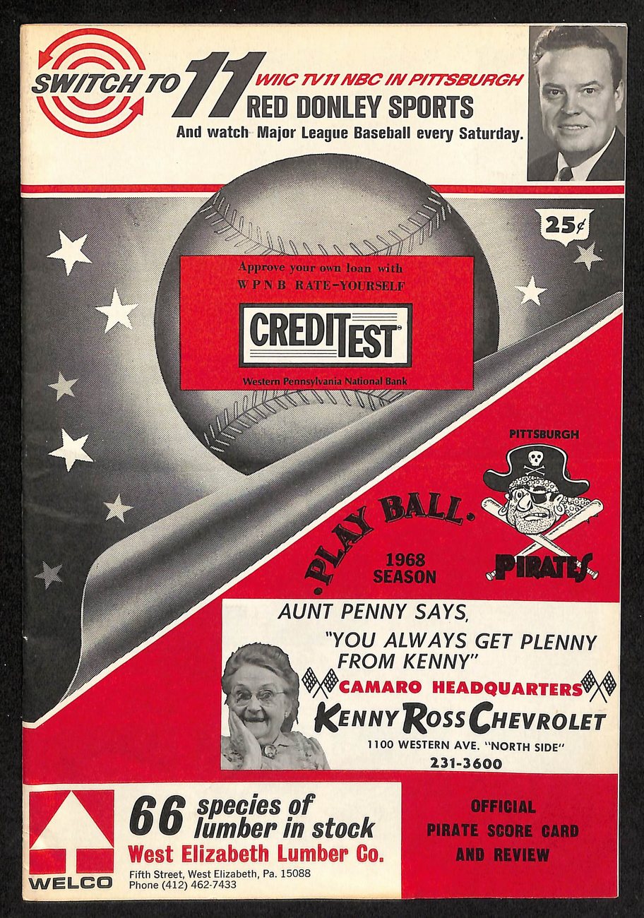 July 25, 1968 Cincinnati Reds vs. Pittsburgh Pirates MLB Scorecard 200215