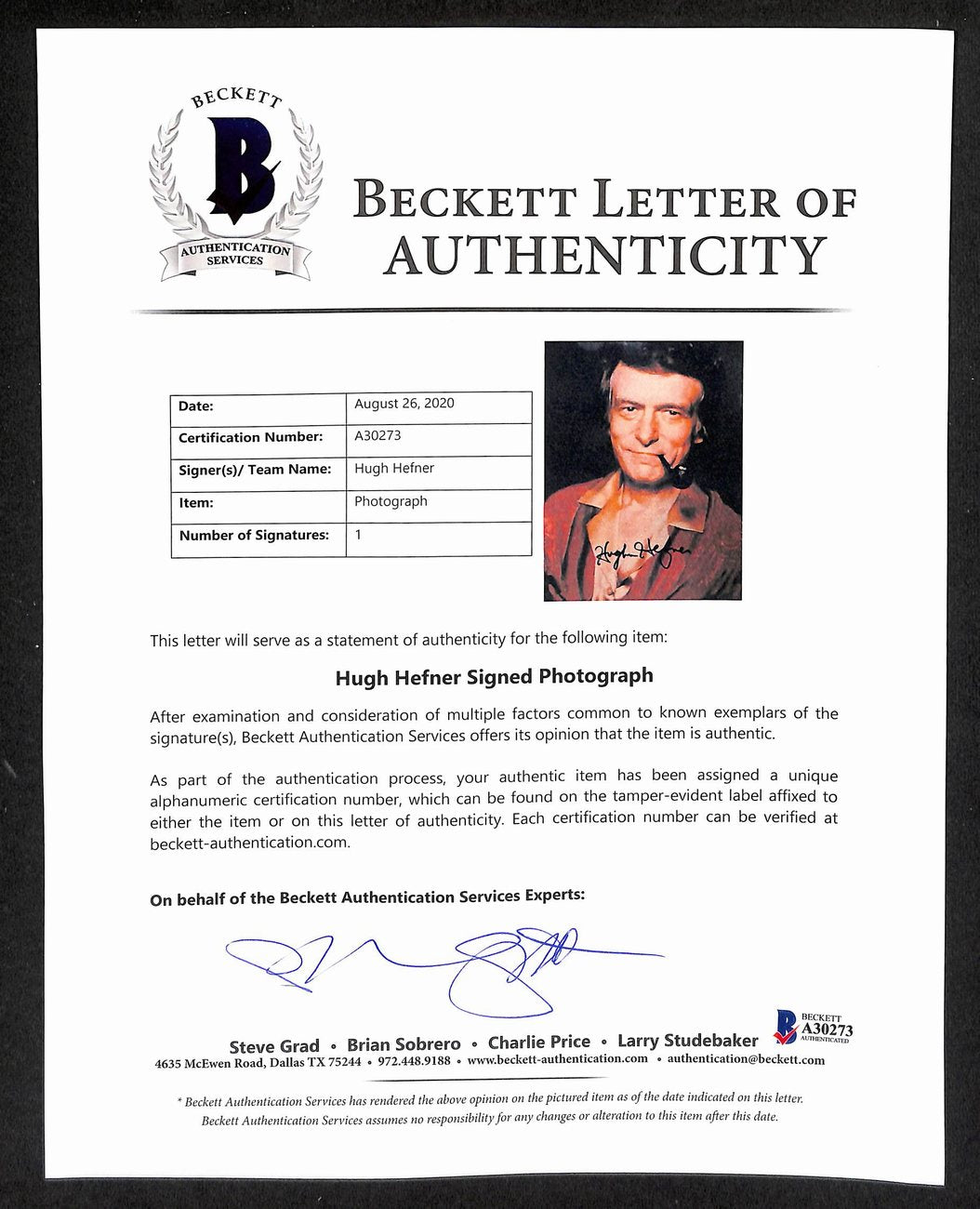 Hugh Hefner Signed/Autographed 8x10 Photo "Playboy" PSA/DNA/Beckett 200224