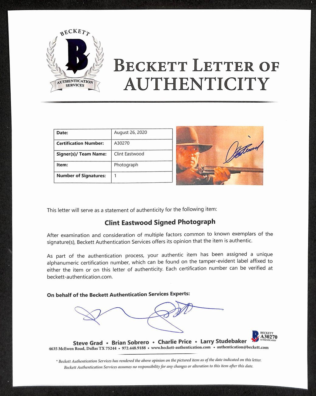 Clint Eastwood Signed/Autographed 8x10 Photo PSA/DNA/Beckett 200227