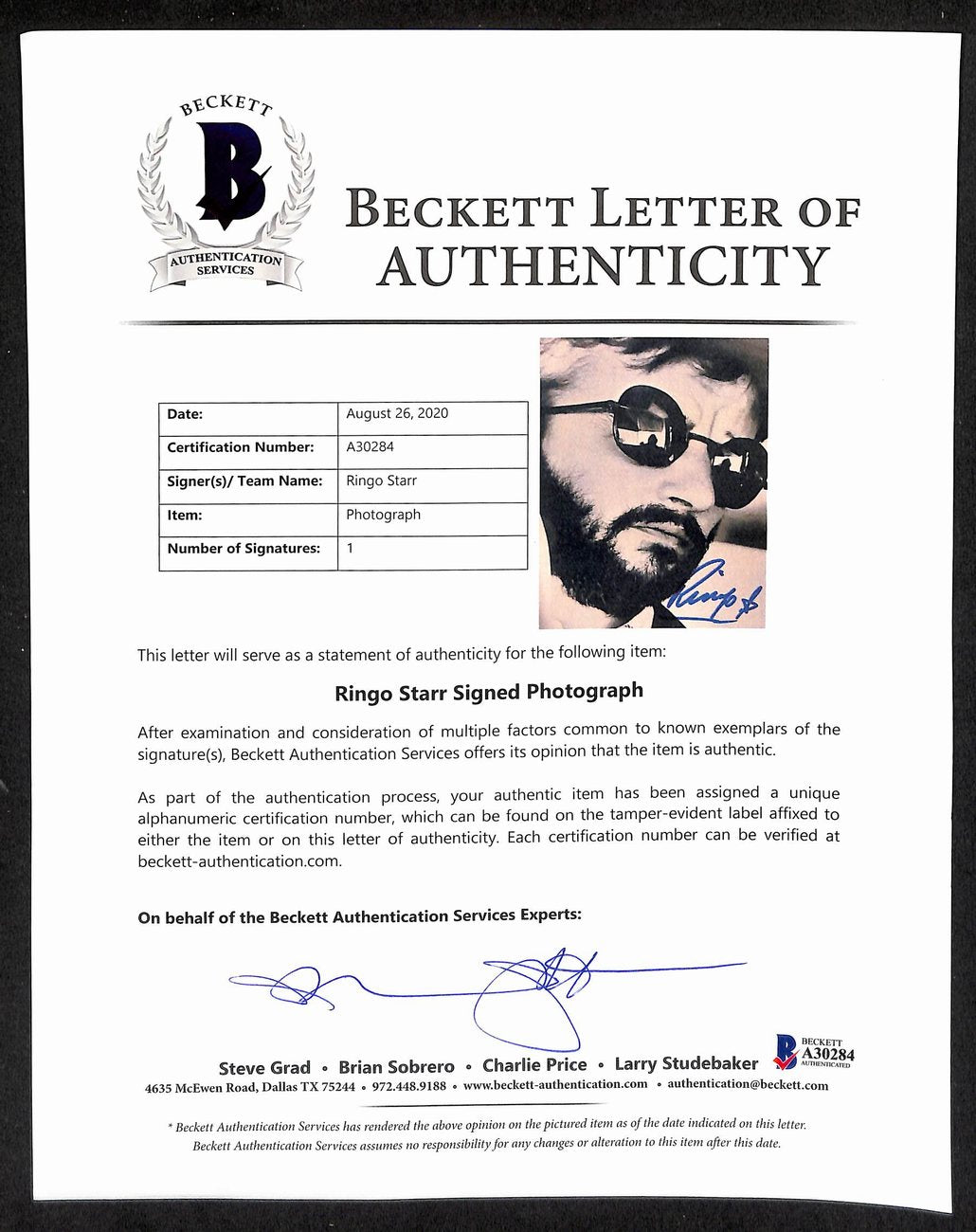 Ringo Starr Signed/Autographed 8x10 B/W Photo PSA/DNA/Beckett 200228