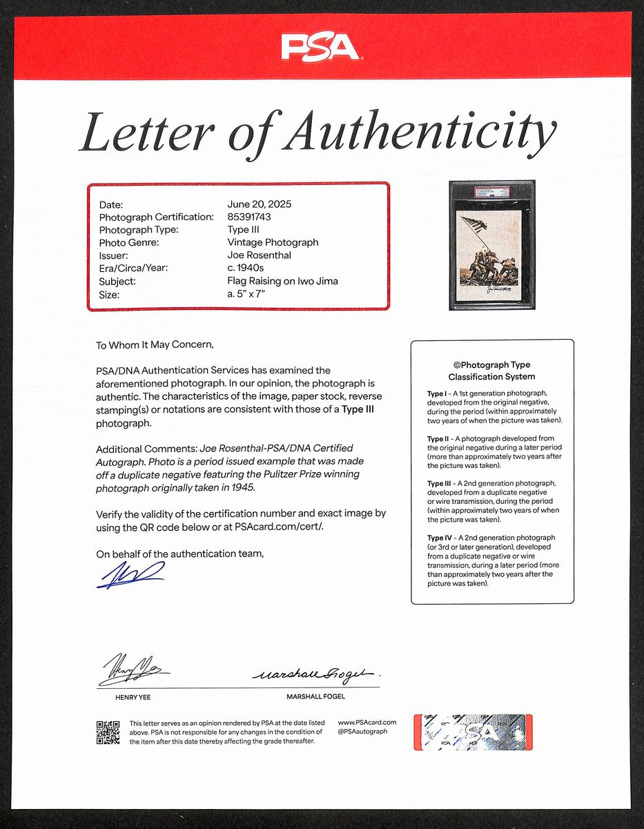 Joe Rosenthal Signed Type III 5X7 Flag Raising on Iwo Jima Photo PSA/DNA 201295