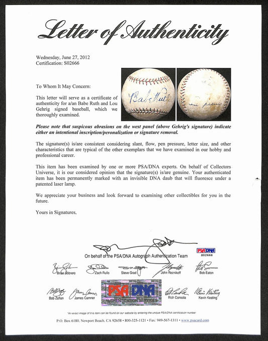 Babe Ruth/Lou Gehrig Dual-Signed/Autographed Baseball Yankees PSA/DNA 201298
