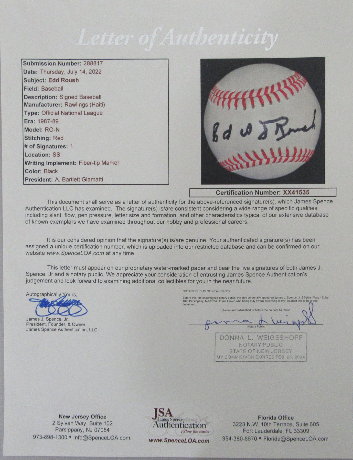 Edd Roush HOF Signed/Autographed ONL Baseball Cincinnati Reds JSA 201569