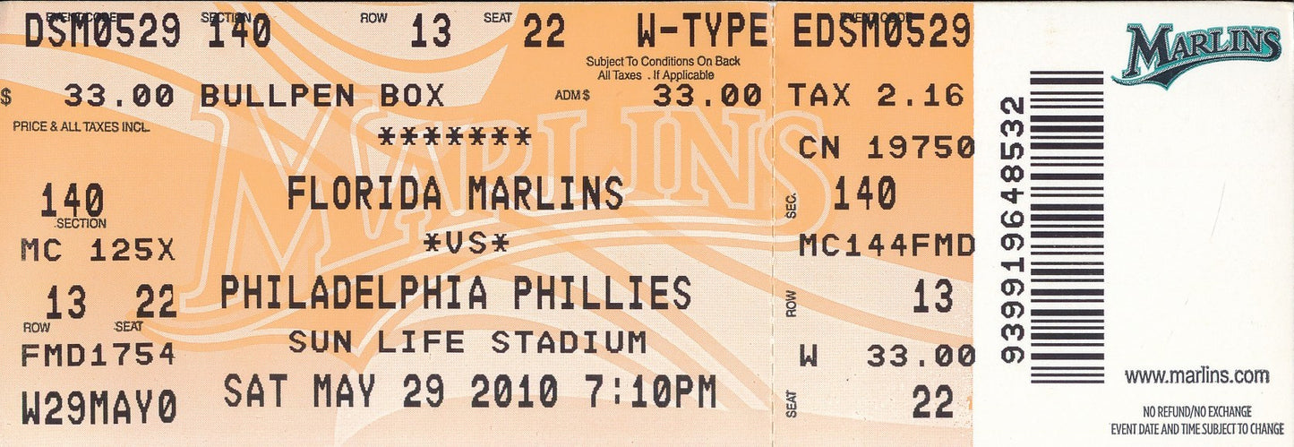 May 29, 2010 Full Ticket Marlins vs. Phillies Roy Halladay Perfect Game 201570