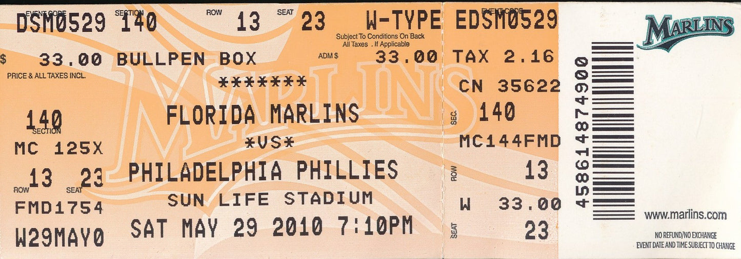 May 29, 2010 Full Ticket Marlins vs. Phillies Roy Halladay Perfect Game 201571
