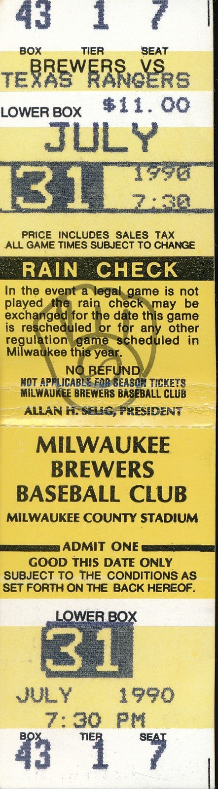 July 31, 1990 Full Ticket Brewers vs. Rangers Nolan Ryan 300th Win 201572