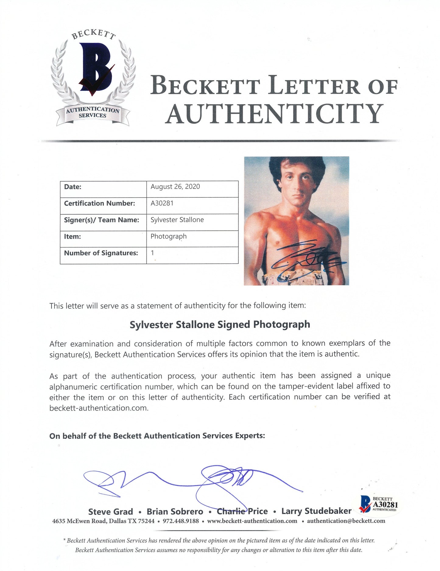 Sylvester Stallone Signed/Autographed 8x10 Photo "Rocky" BAS/Beckett 200573