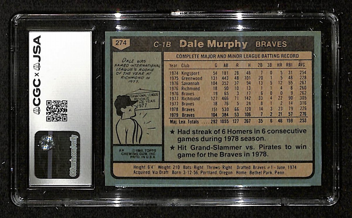 Dale Murphy Signed/Auto 1980 TOPPS Card #274 Braves CGC/JSA MINT 9 200641
