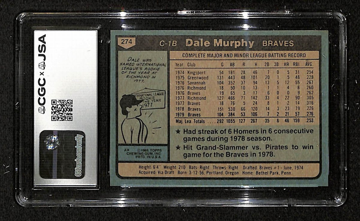 Dale Murphy Signed/Auto 1980 TOPPS Card #274 Braves CGC/JSA MINT 9 200642