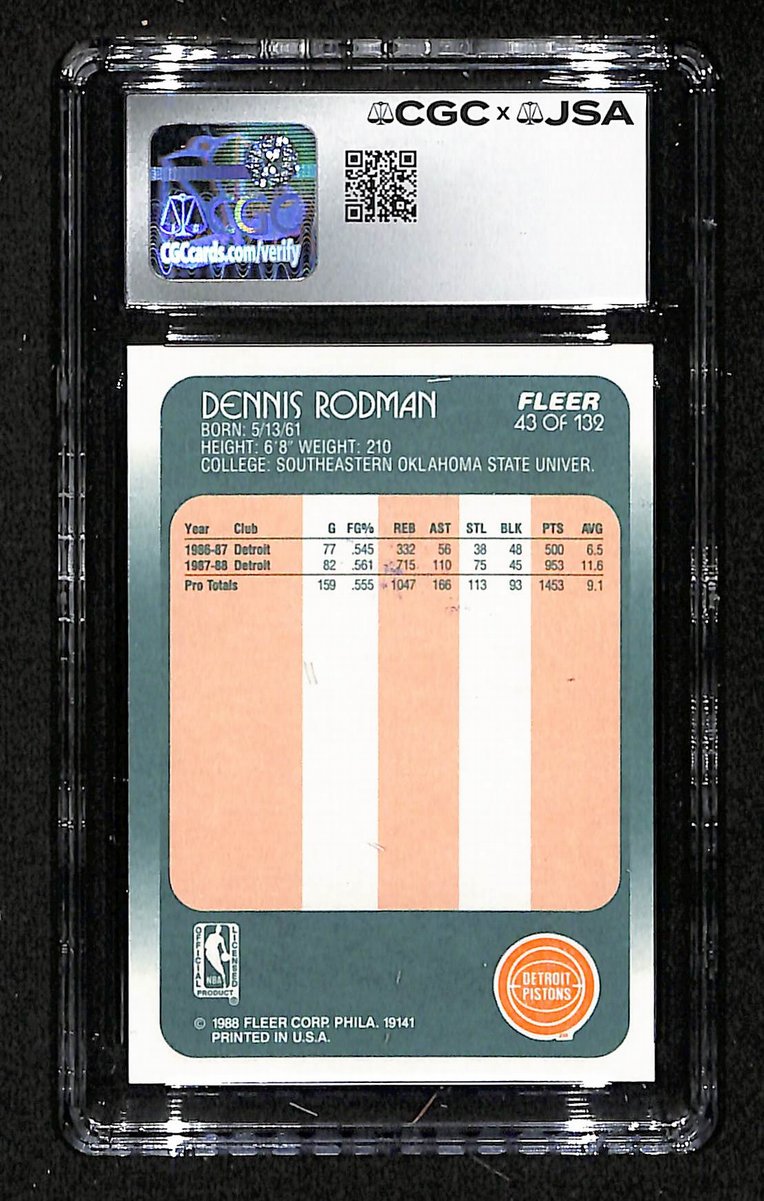 Dennis Rodman HOF Signed 1988-89 FLEER RC Card #43 Pistons CGC/JSA 200653