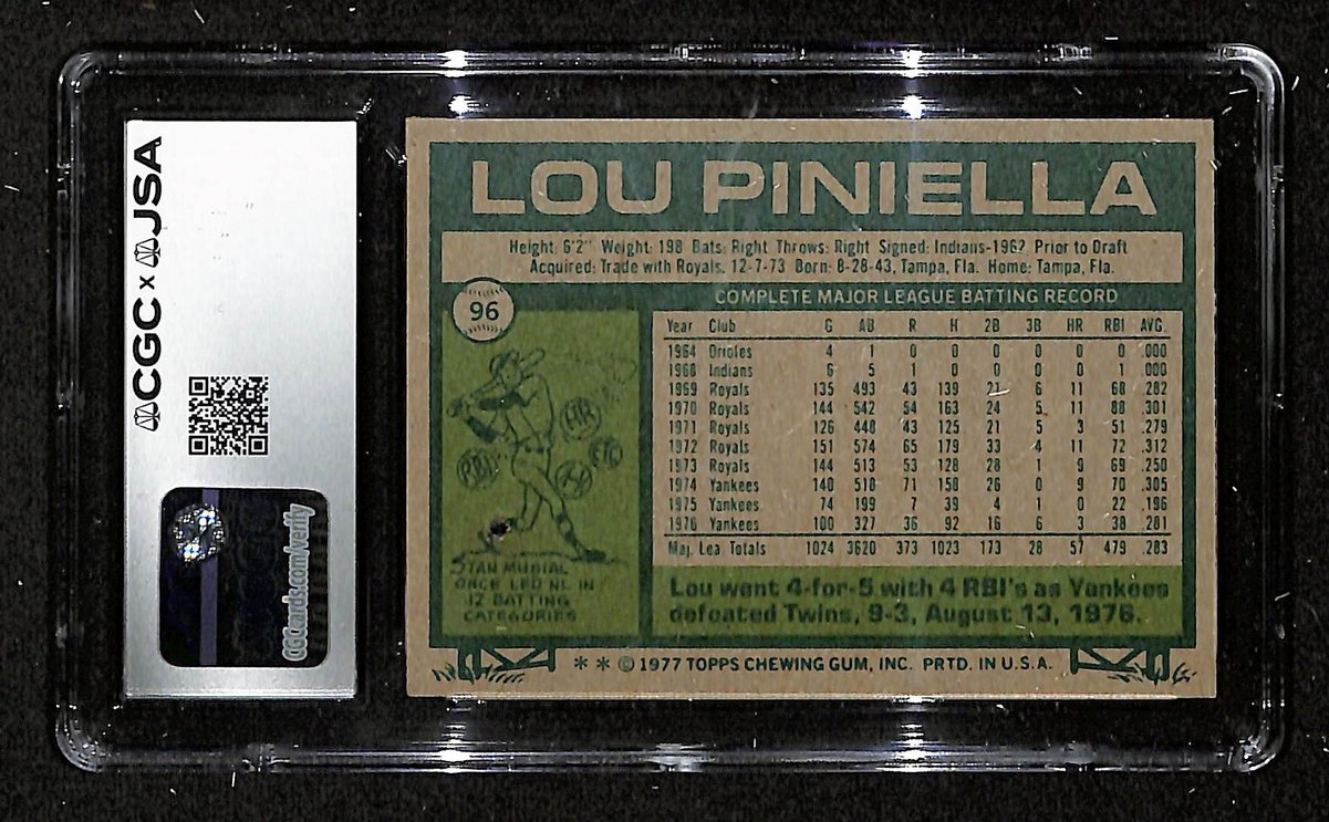 Lou Piniella Signed/Auto 1977 TOPPS Card #96 Yankees CGC/JSA MINT 9 200697