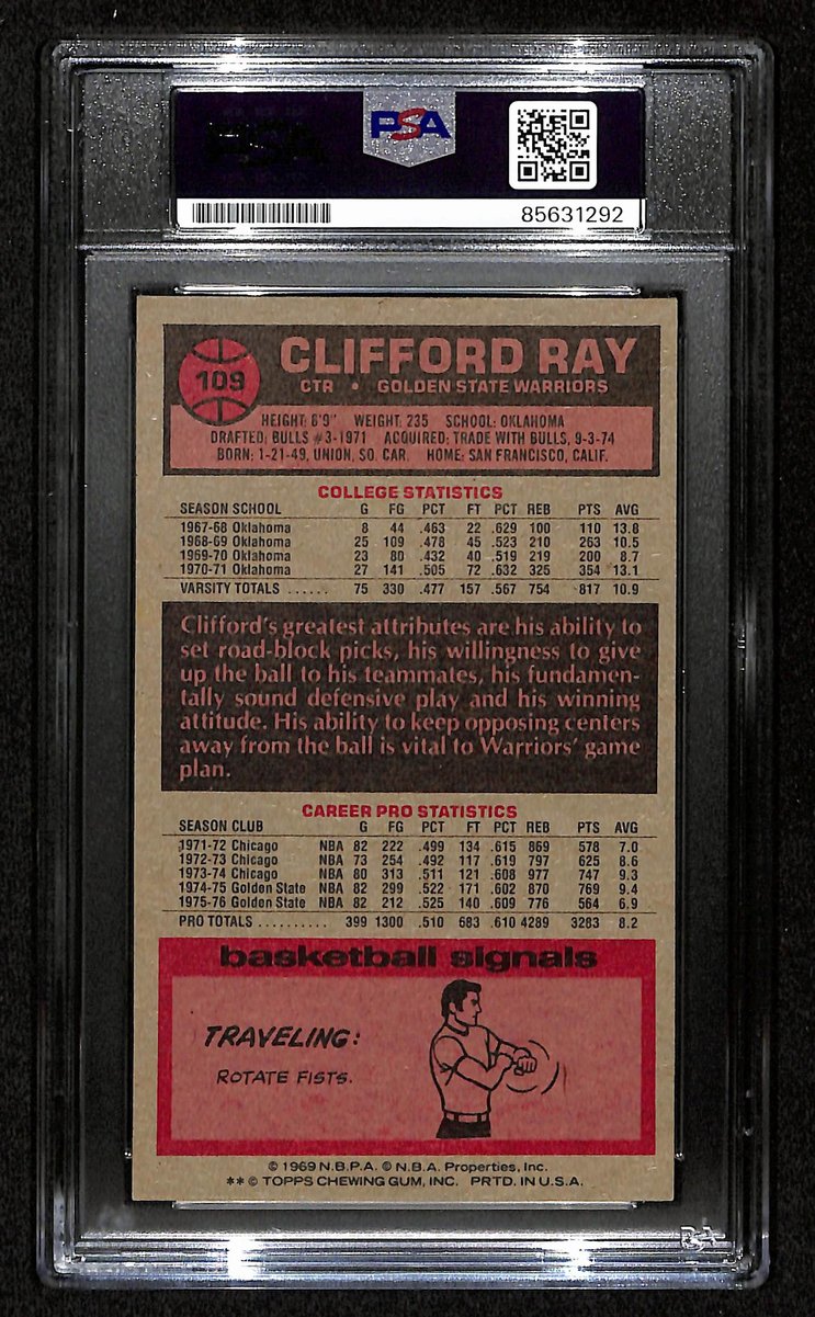 Clifford Ray Signed/Auto 1976-77 TOPPS Card #109 Warriors PSA/DNA 201354
