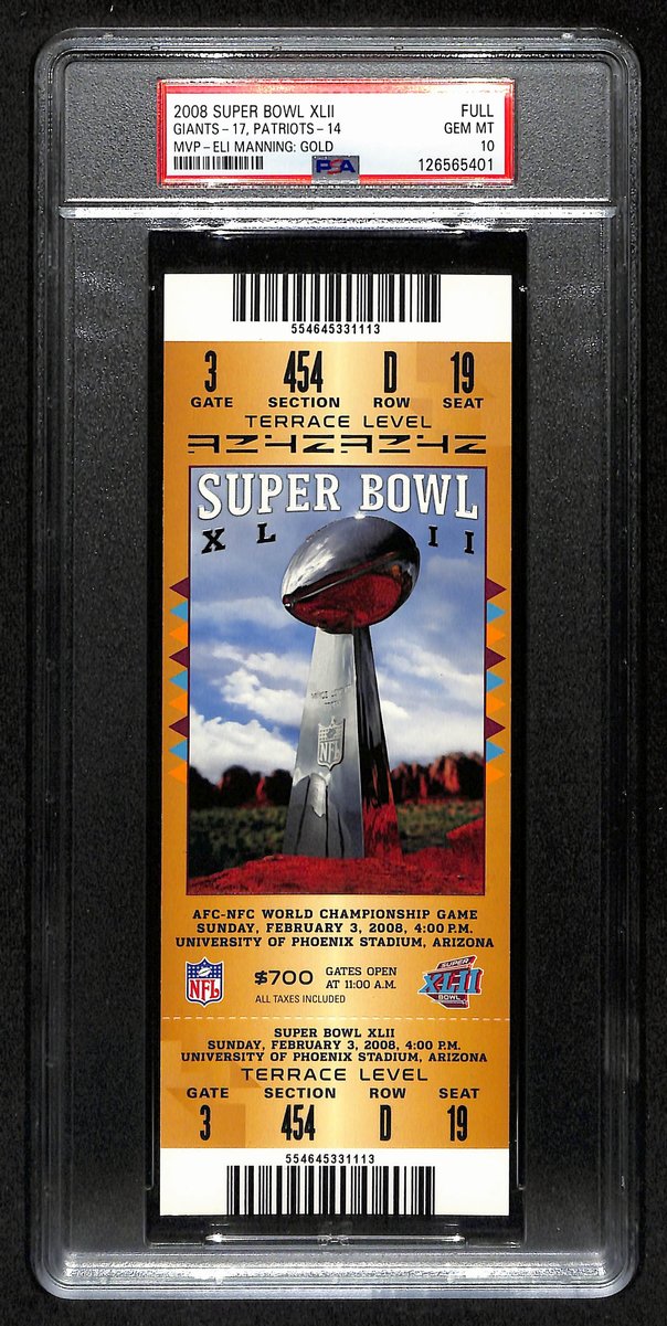 2008 Super Bowl XLII (42) FULL TICKET Giants vs. Patriots PSA GEM MINT 10