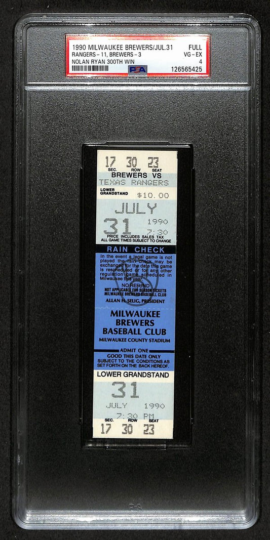July 31, 1990 Brewers vs. Rangers Full Ticket Ryan 300th Win PSA VG-X 4  201395