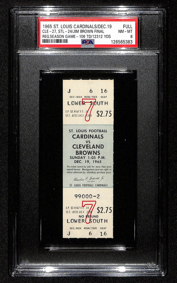 Dec 19, 1965 Cardinals vs. Browns Full Ticket Jim Brown Last Game PSA NM-MT 8