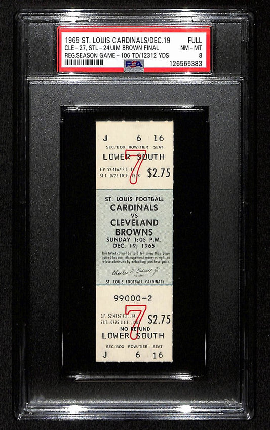 Dec 19, 1965 Cardinals vs. Browns Full Ticket Jim Brown Last Game PSA NM-MT 8