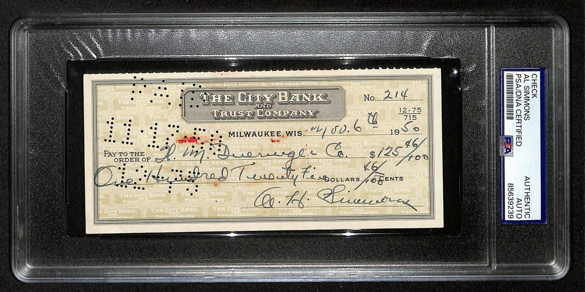 Al Simmons HOF Philadelphia Athletics Signed 1950 Bank Check PSA/DNA 201432