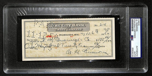Al Simmons HOF Philadelphia Athletics Signed 1950 Bank Check PSA/DNA 201432