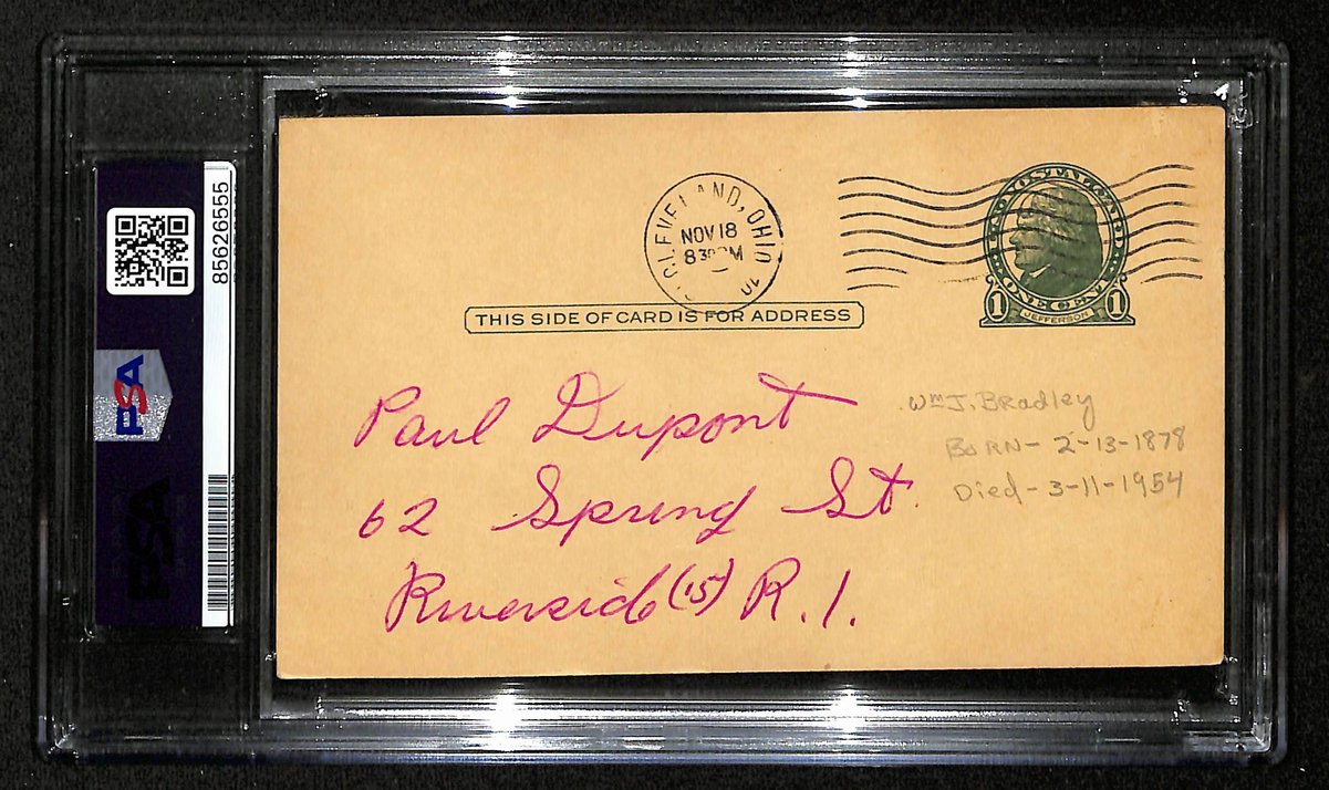 Bill Bradley Signed/Inscribed GPC Govt Post Card Cleveland Naps PSA/DNA 201430