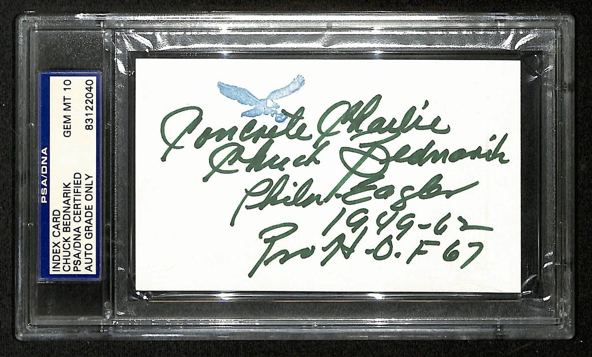 Chuck Bednarik HOF Signed/Inscribed 3x5 Index Card Eagles PSA/DNA 201447