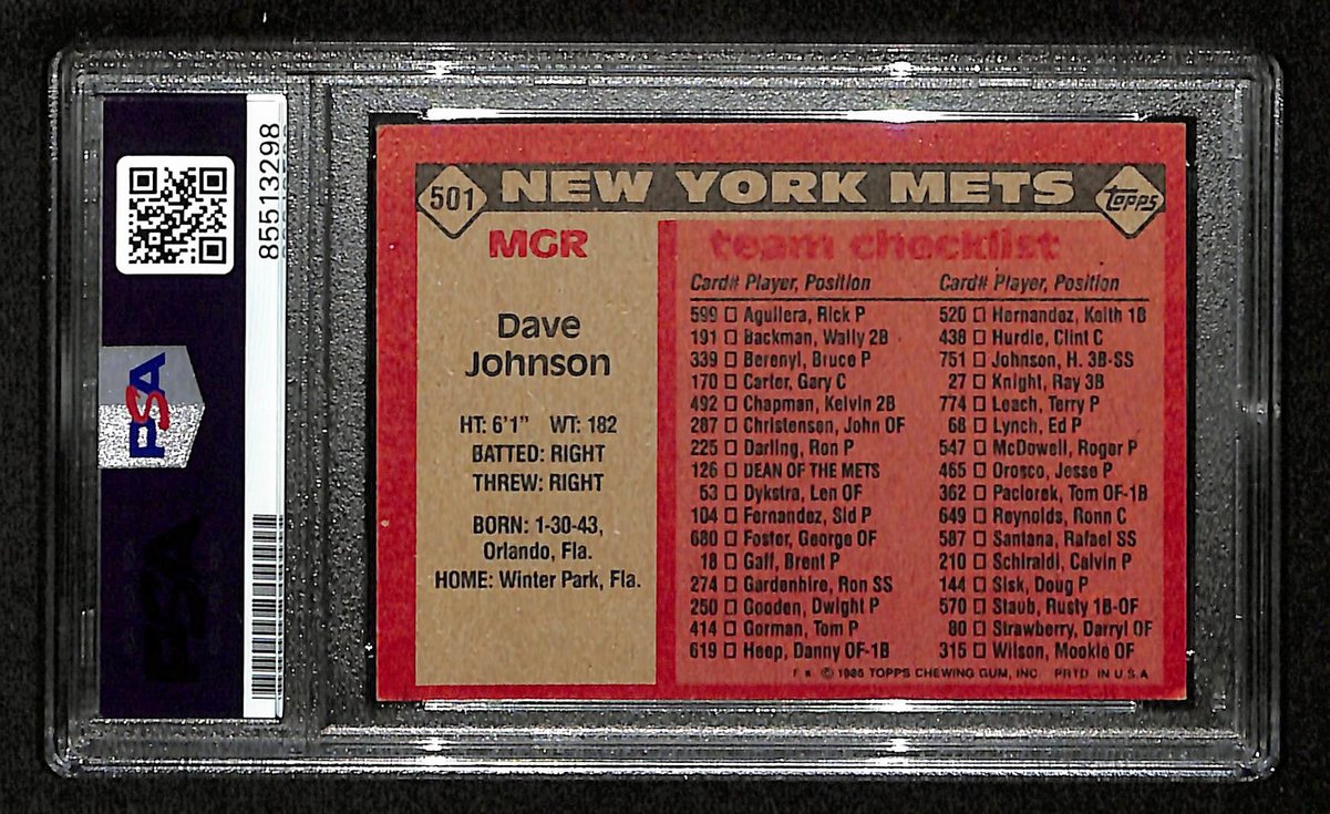 Davey Johnson Signed/Inscribed 1986 Topps #501 New York Mets PSA/DNA 201498