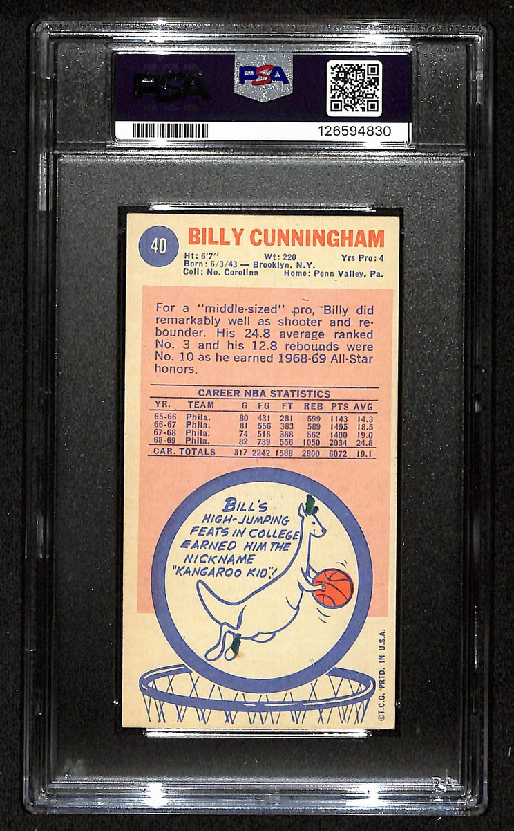 Billy Cunningham HOF 76ers Signed/Auto 1969 TOPPS RC Card #40 PSA/DNA 201100