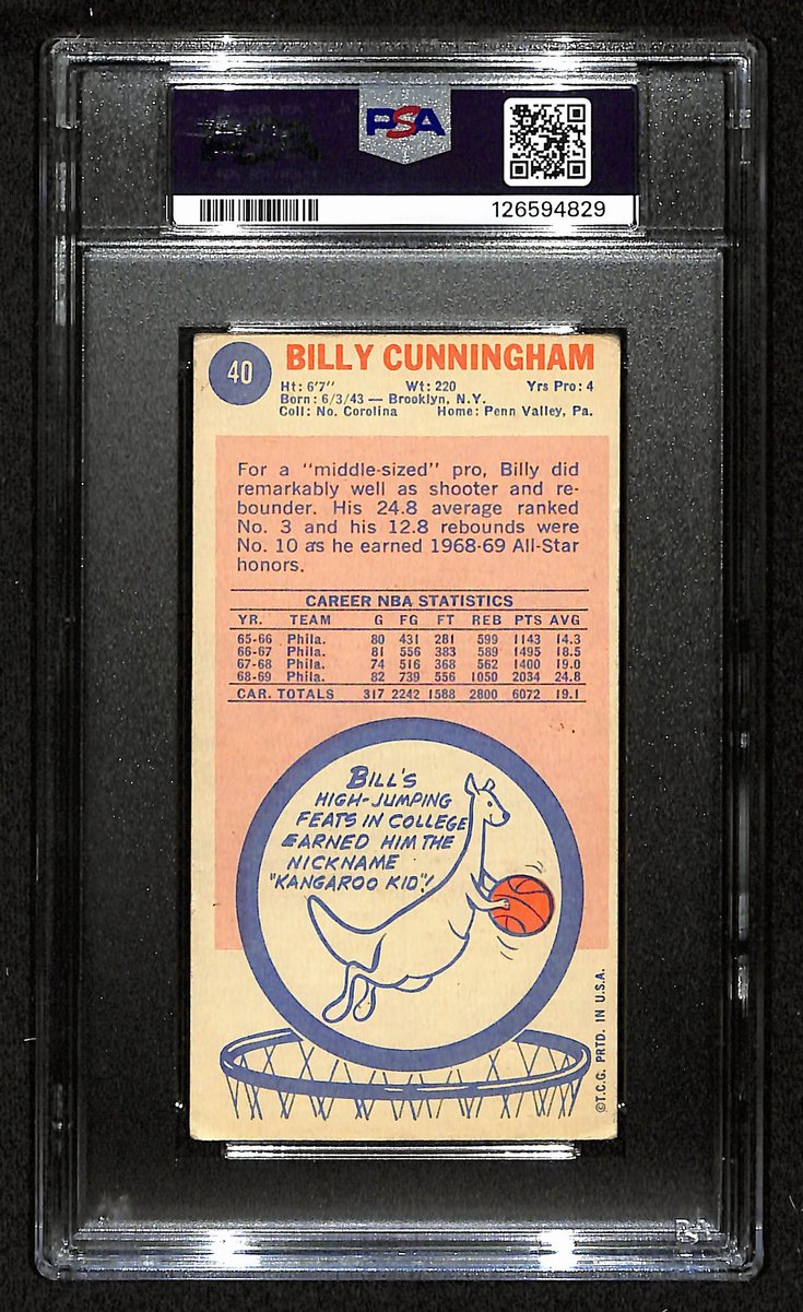 Billy Cunningham HOF 76ers Signed/Auto 1969 TOPPS RC Card #40 PSA/DNA 201102