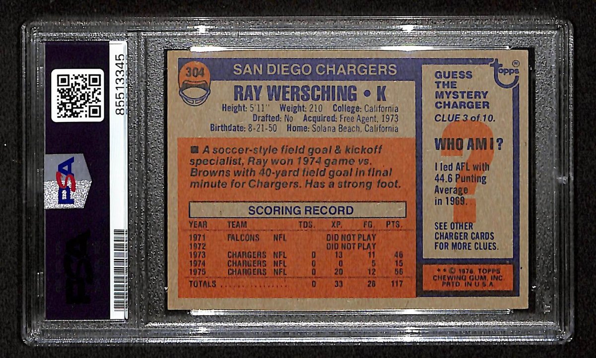 Ray Wersching Signed 1976 TOPPS Card #104 San Diego Chargers PSA/DNA 201036