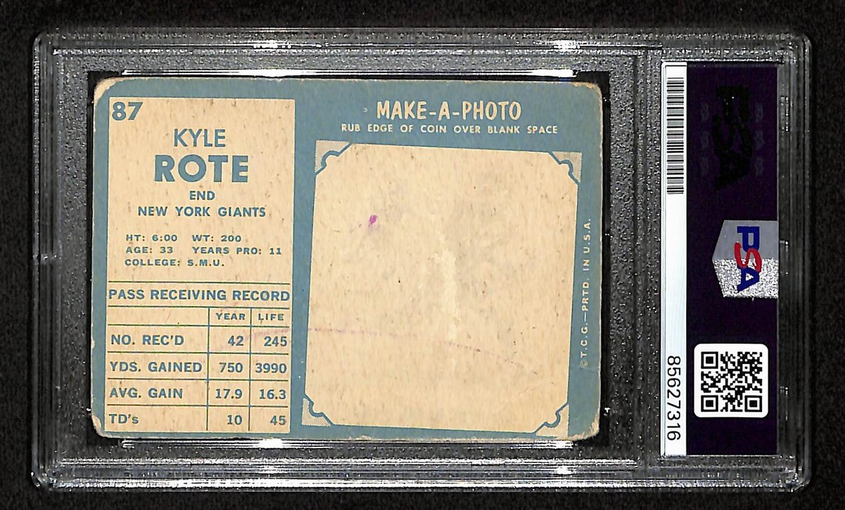 Kyle Rote Signed/Auto 1961 TOPPS Card #87 New York Giants PSA/DNA 201532