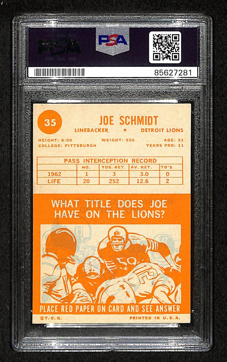 Joe Schmidt Signed/Auto 1963 TOPPS Card #35 Detroit Lions PSA/DNA 201542