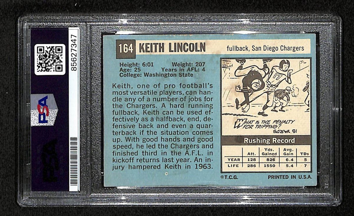 Keith Lincoln Signed 1964 TOPPS RC Card #164 San Diego Chargers PSA/DNA 201552