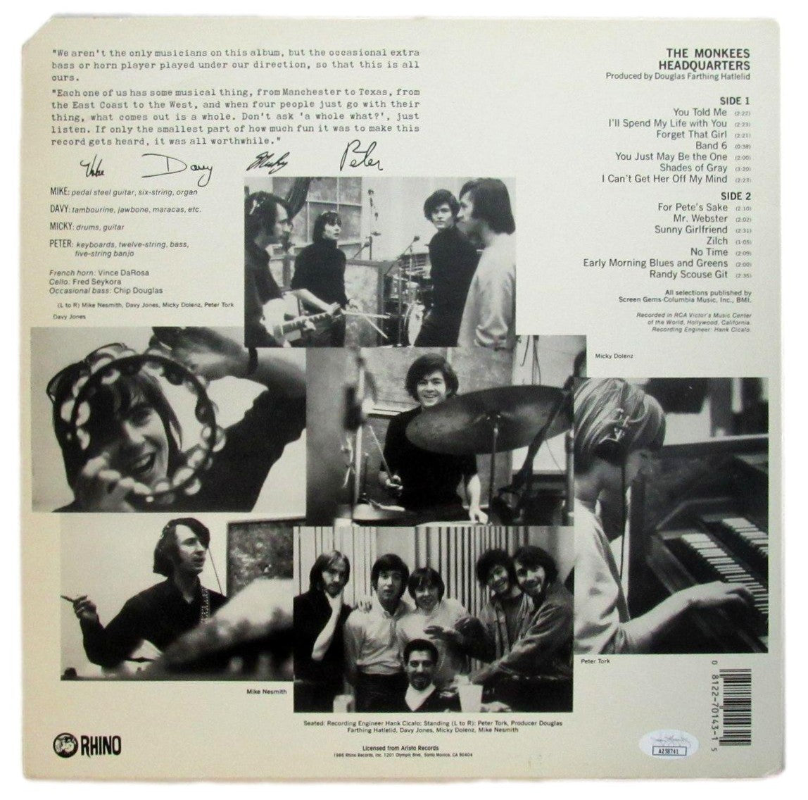 Mickey Dolenz Signed/Auto The Monkees Headquarters Album LP Vinyl JSA 201219