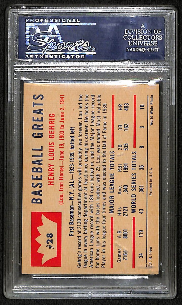 Lou Gehrig HOF 1960 Fleer Card MINT 9 #28 New York Yankees PSA 201623