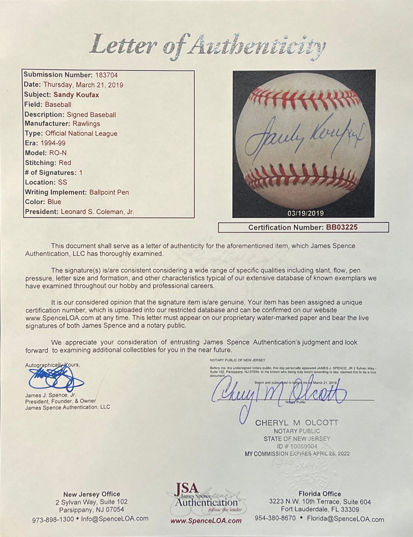 Sandy Koufax HOF Signed/Autographed ONL Los Angeles Dodgers JSA 201214