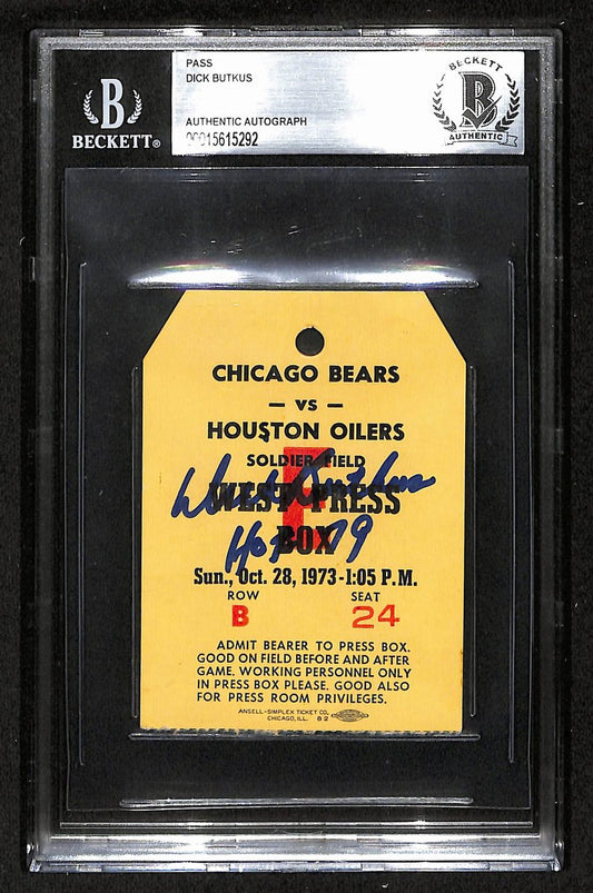 Dick Butkus HOF Signed/Ins 1973 Bears v Oilers Press Box Pass BAS/Beckett 201838