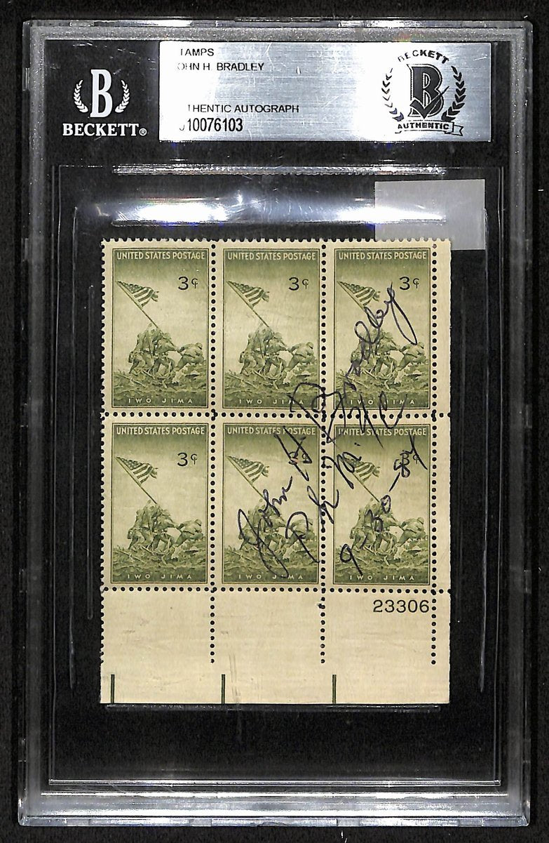 John H. Bradley Signed Iwo Jima Flag Raiser 3"X4" Stamp Plate BAS/Beckett 201842