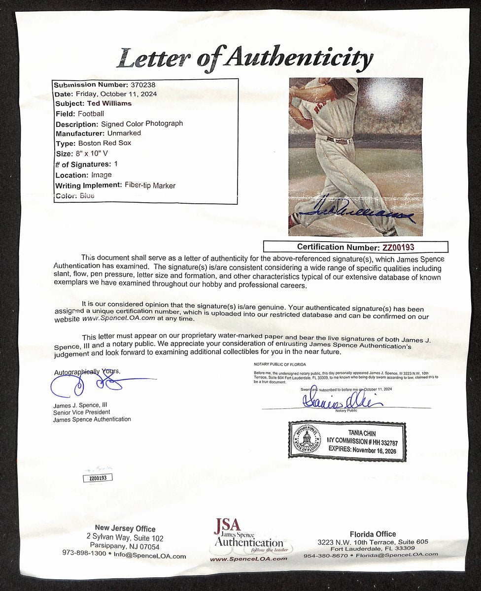 Ted Williams HOF Signed/Autographed 8x10 Photo Boston Red Sox JSA 201849