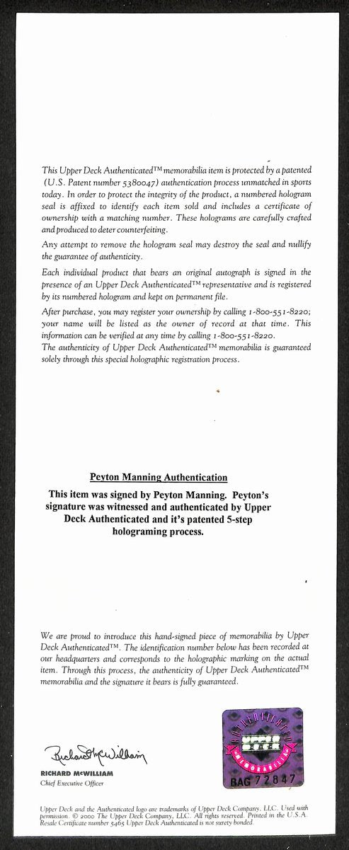 Peyton Manning HOF Signed/Autographed 7x7 Photo Indianapolis Colts UDA 201854